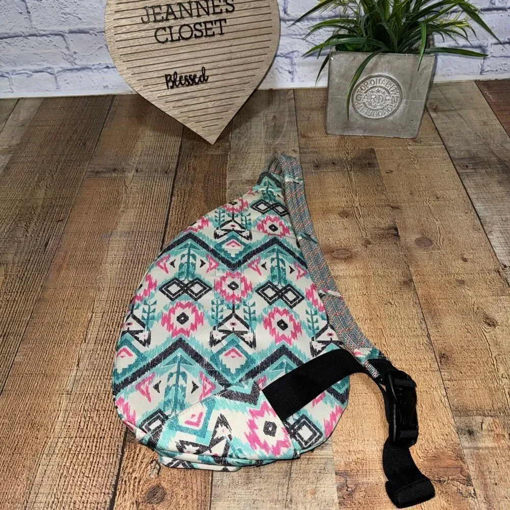 Kavu Rope Crossbody Sling Bag Aztec Southwestern Geometric Teal/Pink/Black